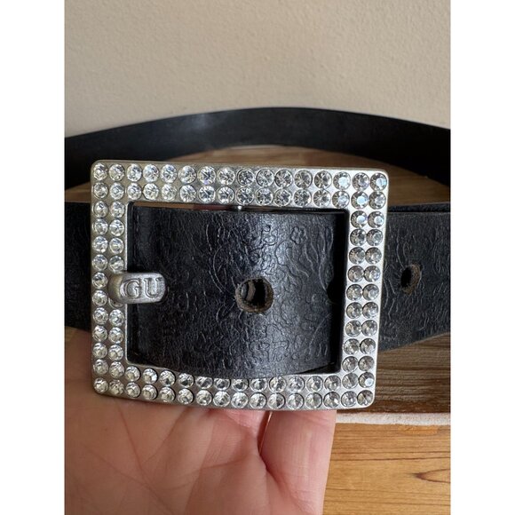 Guess Vintage Black Tooled Leather Oversized Square Silver Rhinestone Belt XL - Picture 3 of 11